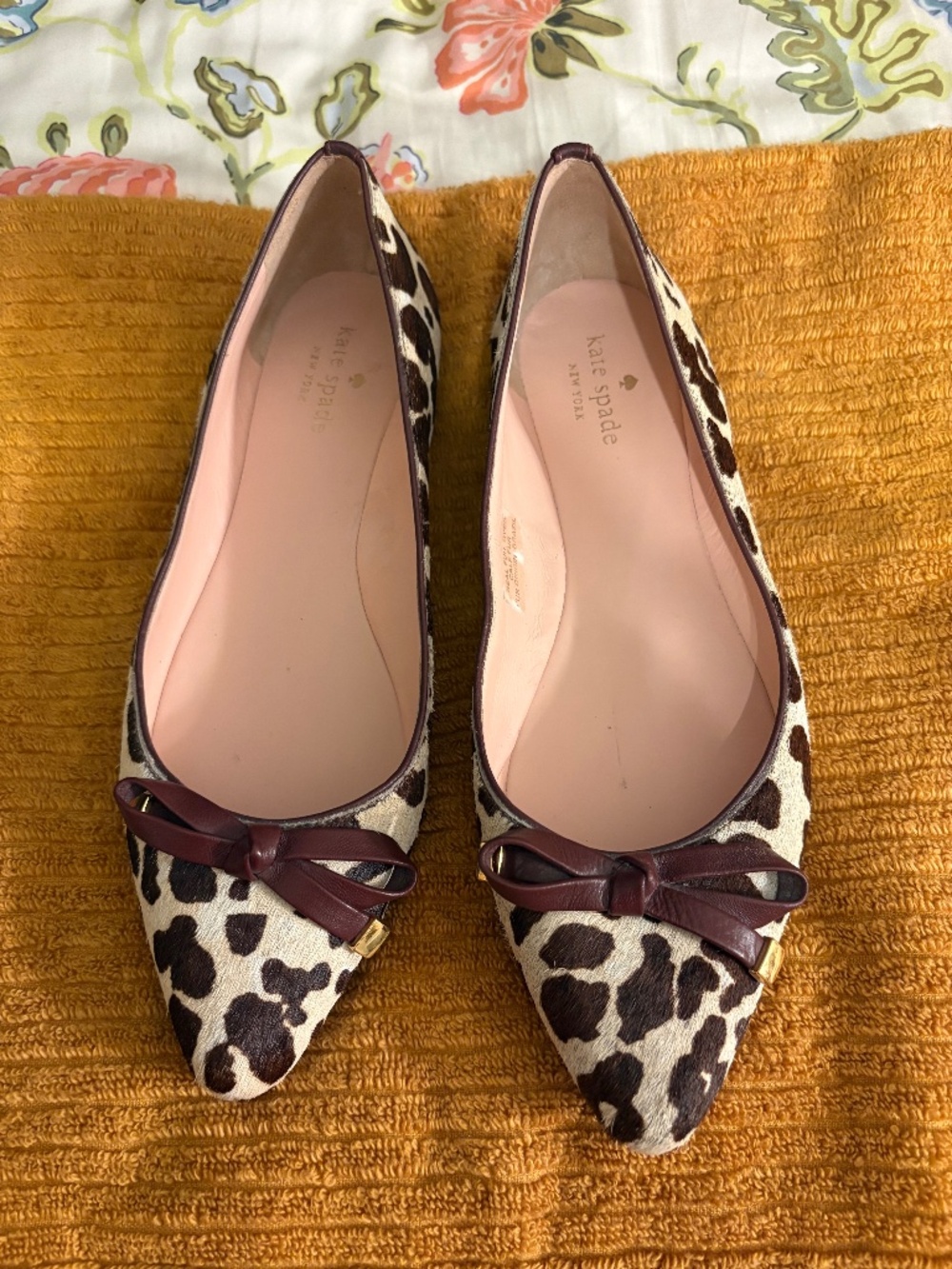 kate spade Leopard Print Pointed Toe Flats with Brown Bow
